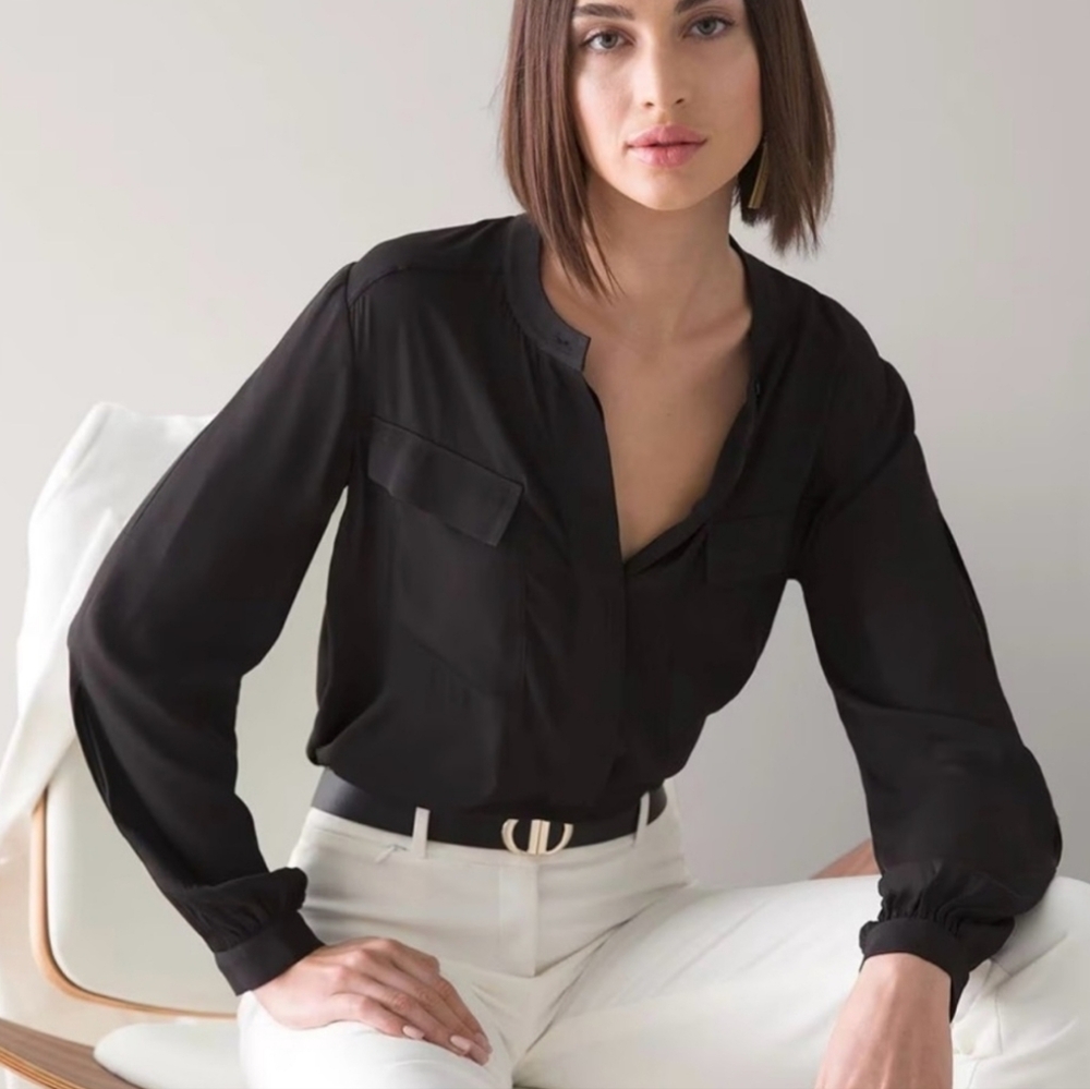 NWT White House Black Market Black Mandarin Collar 3/4 Buttoned Blouse